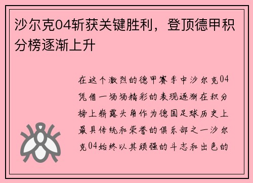 沙尔克04斩获关键胜利，登顶德甲积分榜逐渐上升