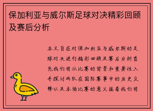 保加利亚与威尔斯足球对决精彩回顾及赛后分析